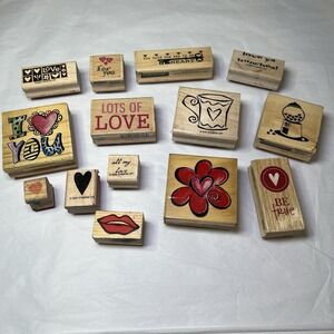 Lot of 14 wood rubber stamps Valentine's day Heart Love theme Feb Crafts Card
